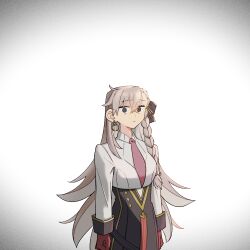  1girl asymmetrical_bangs black_eyes braid breasts earrings fate/grand_order fate_(series) gachide_erai gloves hair_ribbon high-waist_skirt highres jewelry long_hair long_sleeves looking_at_viewer necktie olga_marie_animusphere olga_marie_animusphere_(unbeast) open_mouth pencil_skirt red_necktie ribbon shirt skirt solo very_long_hair white_shirt 
