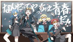  4girls :q ;d absurdres black_pantyhose blonde_hair blue_hair blue_jacket braid broom brown_hair bucket closed_mouth collared_shirt commentary conodon2 dress feet_out_of_frame flower foot_out_of_frame goggles goggles_on_head gradient_hair green_eyes grey_dress grin hair_bun hair_flower hair_ornament hair_ribbon highres holding holding_broom jacket leg_up liella!_second_generation long_hair long_sleeves looking_at_viewer love_live! love_live!_superstar!! low_twin_braids low_twintails multicolored_hair multiple_girls one_eye_closed onitsuka_natsumi open_clothes open_jacket open_mouth pantyhose pinafore_dress pink_hair pleated_dress red_hair ribbon sakurakoji_kinako school_uniform shirt short_dress single_side_bun sleeveless sleeveless_dress smile tinted_eyewear tongue tongue_out translation_request twin_braids twintails unconventional_guitar untranslatable_commentary v-shaped_eyebrows wakana_shiki white_flower white_ribbon white_shirt winter_uniform yellow-tinted_eyewear yoneme_mei yuigaoka_school_uniform 