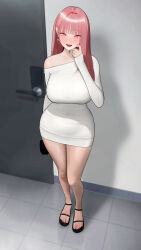  1girl absurdres arm_behind_back bag bare_legs black_bag blunt_bangs blush breasts commentary_request curvy door doorway dress earrings feet full_body gonggong_ill hair_intakes handbag heart heart_earrings highres holding holding_bag honey_churros indie_virtual_youtuber indoors jewelry korean_commentary large_breasts legs long_hair long_sleeves looking_at_viewer nail_polish off_shoulder open_mouth pencil_dress pink_eyes pink_hair pink_nails sandals shadow short_dress single_bare_shoulder sleeves_past_wrists smile solo standing sweater sweater_dress taut_clothes taut_dress teeth thighs tile_floor tiles toenail_polish toenails toes upper_teeth_only white_dress white_sweater 