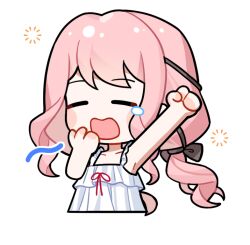  1girl =_= arm_up armpits artist_request bare_arms bare_shoulders black_bow black_ribbon blush_stickers bow chibi clenched_hand closed_eyes collarbone cropped_torso dress frilled_dress frills hair_bow hair_ribbon hand_to_own_mouth infinity_nikki long_hair low_twintails nightgown nikki_(nikki) nikki_(series) official_art open_mouth pink_hair red_ribbon ribbon sidelocks sleepy sleeveless sleeveless_dress solo square_neckline squeans sticker_(medium) stretching tearing_up transparent_background tress_ribbon twintails very_long_hair wavy_hair white_dress white_nightgown yawning 