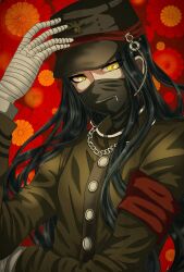  1boy androgynous armband bandaged_hand bandages black_hair black_mask buttons chain chain_necklace commentary_request covered_mouth danganronpa_(series) danganronpa_v3:_killing_harmony expressionless eyelashes eyes_visible_through_hair floral_background gakuran green_hat green_jacket hand_on_headwear hat highres jacket jewelry layered_sleeves light_particles long_hair long_sidelocks long_sleeves male_focus mask mouth_mask necklace peaked_cap red_armband red_background school_uniform shinguji_korekiyo shiruko_(mikan4649) sidelocks solo undershirt upper_body very_long_hair wavy_hair yellow_eyes zipper zipper_pull_tab 