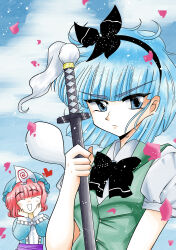  1990s_(style) 2girls :/ :d absurdres black_bow black_bowtie black_hairband blue_eyes blue_hair blue_hat blue_kimono blunt_bangs blunt_ends bob_cut bow bowtie breasts buttons clamp_(circle)_(style) closed_eyes closed_mouth clouds cloudy_sky collared_shirt commentary_request day faux_retro_artstyle frilled_kimono frilled_sleeves frills green_vest hairband hands_on_own_cheeks hands_on_own_face hat highres hitodama holding holding_sheath holding_sword holding_weapon japanese_clothes katana kimono konpaku_youmu konpaku_youmu_(ghost) light_blush long_sleeves miwijag1997 mob_cap multiple_girls open_mouth outdoors parody petals pink_hair pink_petals retro_artstyle saigyouji_yuyuko scabbard sheath sheathed shirt short_hair short_sleeves sky small_breasts smile snowing style_parody sword touhou triangular_headpiece upper_body v-shaped_eyebrows vest weapon white_shirt 