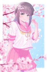  1girl absurdres alternate_color anchor_symbol blue_sky blush border brown_hair collarbone commentary_request cowboy_shot falling_petals flower from_side fubuki_(kancolle) green_eyes hair_flower hair_ornament highres kantai_collection looking_at_viewer low_ponytail medium_hair midriff_peek miniskirt navel neckerchief outside_border petals pink_flower pink_petals pink_sailor_collar pink_skirt playing_with_own_hair pleated_skirt ponytail sailor_collar short_sleeves sidelocks signature skirt sky smile solo tree white_border yellow_neckerchief yoko_hata 