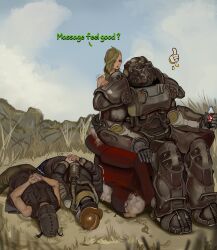  1girl 3boys ? absurdres armor blonde_hair clouds cloudy_sky cola couch english_text expressionless fallout grass highres implied_after_fight kkghost_tv long_hair mask massage morning multiple_boys nuka-cola outdoors post-apocalypse power_armor power_armor_(fallout) punishment raider_(fallout) shoulder_massage sky soda tall_grass thumbs_up tomboy trembling 