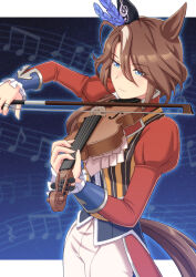  1girl animal_ears ascot blue_eyes blue_vest blush bow_(music) brown_hair closed_mouth coat commentary_request ear_covers ear_ornament hair_between_eyes highres holding holding_bow_(music) holding_instrument holding_violin horse_ears horse_girl horse_tail instrument jacket long_hair long_sleeves multicolored_hair music musical_note musical_staff norizou pants playing_instrument red_coat red_jacket single_ear_cover solo sounds_of_earth_(ritmo_della_terra)_(umamusume) sounds_of_earth_(umamusume) streaked_hair tail umamusume vest violin white_ascot white_pants 
