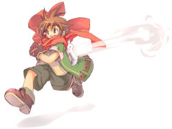  1boy boots brown_boots brown_eyes brown_hair emil_(eco) emil_chronicle_online green_jacket green_pants hanehane_kiro jacket official_art open_mouth pants red_scarf running scarf shirt solo spiky_hair white_background white_shirt 