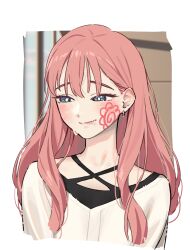  1girl aged_up ayatsumugi_roka blush body_writing cho_kaguya-hime! commentary_request criss-cross_straps eyeliner facepaint lagetama makeup piercing red_eyeliner sweat upper_body 