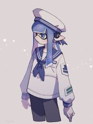  1girl absurdres black_pants blue_eyes blue_hair blue_neckerchief blue_sailor_collar closed_mouth commentary earrings grey_background hat highres inkling inkling_girl inkling_player_character jewelry long_hair neckerchief pants pointy_ears sailor_collar sailor_hat sailor_shirt shiratoripica shirt solo splatoon_(series) standing tentacle_hair white_hat white_shirt 