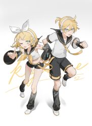  1boy 1girl ;d arm_tattoo belt black_leg_warmers black_sailor_collar black_shorts black_sleeves blonde_hair blue_eyes blush bow breasts brother_and_sister clenched_hand commentary crop_top detached_sleeves dot_nose frilled_shirt frills full_body hair_between_eyes hair_bow hair_ornament hairclip hakai_orz hand_on_own_hip headphones highres index_finger_raised kagamine_len kagamine_rin leaning_forward leg_warmers looking_at_viewer midriff nail_polish navel neckerchief necktie number_tattoo one_eye_closed open_mouth parallel_hairclips ponytail sailor_collar shirt shoes short_hair short_ponytail short_shorts short_sleeves shorts siblings simple_background sleeveless sleeveless_shirt small_breasts smile solo standing standing_on_one_leg tattoo twins vocaloid white_background white_bow white_shoes wide_sleeves yellow_belt yellow_nails yellow_neckerchief yellow_necktie yellow_trim 