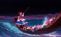  1girl absurdres boat closed_eyes coin coin_on_string commentary_request facing_viewer flower full_body ghost hair_bobbles hair_ornament haruaki_(onkai_planaria) highres holding holding_oar oar obi obidome on_boat onozuka_komachi outdoors red_hair river rowing sanzu_river sash smile solo touhou two_side_up watercraft 