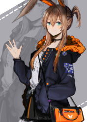  1girl absurdres alternate_costume alternate_hairstyle amiya_(arknights) animal_ears aqua_eyes arknights bag black_choker black_jacket black_skirt blue_jacket blush brown_hair casual choker closed_mouth clothes_writing commentary cowboy_shot green_eyes grey_background hair_between_eyes hand_in_pocket hand_up handbag highres hood hood_down hooded_jacket jacket long_hair long_sleeves looking_at_viewer miniskirt one_side_up open_clothes open_jacket rabbit_ears rabbit_girl shenjing_yuan shirt shoulder_bag sidelocks skirt smile solo waving white_shirt zoom_layer 