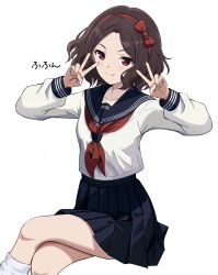  1girl absurdres black_hair blouse blue_sailor_collar blue_skirt closed_mouth commentary crossed_legs double_v ebizuka_tomo girls_band_cry hair_ribbon highres long_sleeves looking_at_viewer loose_socks miniskirt neckerchief pleated_skirt red_eyes red_neckerchief red_ribbon ribbon sailor_collar shirt short_hair simple_background sitting skirt smile socks solo translated v white_background white_shirt white_socks zaofeng 