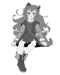  1girl absurdres animal_ears ankle_boots boots child clenched_teeth collar commentary d: dress full_body greyscale highres layered_dress leather leather_boots long_hair long_sleeves looking_at_viewer messy_hair metal_collar metal_wrist_cuffs monochrome open_mouth pinstripe_dress pinstripe_pattern raccoon_ears raccoon_girl raccoon_tail raphtalia raphtalia_(young) short_dress short_sleeves simple_background sitting solo tail tate_no_yuusha_no_nariagari tearing_up teeth two-tone_dress uchueri 
