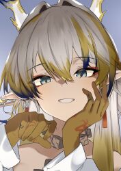  1girl arknights bare_shoulders blonde_hair blue_hair commentary dragon_girl dragon_horns eastern_dragon_horns eyeshadow gradient_background grey_eyes grey_hair grin hair_between_eyes hair_intakes hand_on_own_cheek hand_on_own_face horns long_hair looking_at_viewer makeup multicolored_hair pointy_ears portrait red_eyeshadow shu_(arknights) smile solo teeth yellow_hands z_(knkr1025) 