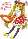  animal_ears blonde_hair bloomers brown_eyes cosplay cup disney hair_ribbon hair_ribbons kneehighs long_hair minigirl minnie_mouse minnie_mouse_(cosplay) mouse_ears new_year ribbon ribbons sakazuki sake socks thighhighs twintails yukke 