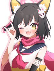  1girl absurdres animal_ear_fluff animal_ears black_hair blue_archive blue_sailor_collar blush breasts commentary_request drop_shadow eyeliner fang fox_ears fox_girl fox_shadow_puppet hair_between_eyes halo highres izuna_(blue_archive) looking_at_viewer makeup medium_breasts medium_hair neckerchief obi one_eye_closed one_side_up open_mouth petako_(ptpt_k) pink_halo pink_neckerchief red_scarf sailor_collar sash scarf shirt sidelocks simple_background skin_fang sleeveless sleeveless_shirt solo upper_body white_background white_shirt yellow_eyes 