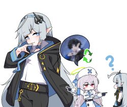  1boy 2girls ? ahoge ahoge_wag animated animated_gif beatrixa_(stella_sora) belt black_belt black_dress black_gloves black_jacket black_pants blue_dress blue_eyes blue_hairband blue_necktie blue_ribbon censored chibi closed_mouth coat_dress commentary_request cosplay costume_switch cropped_jacket dress dthmns expressive_hair extra_pupils female_tyrant_(stella_sora) frilled_gloves frills gloves hair_ornament hair_ribbon hairband halo hat jacket key korean_commentary layered_dress light_blush long_hair looking_at_another male_tyrant_(stella_sora) mosaic_censoring multiple_girls necktie nurse nurse_cap pants pointing pointy_ears ribbon shirt simple_background sleeveless sleeveless_dress smile spoken_character spoken_question_mark stella_sora tyrant_(stella_sora) very_long_hair white_background white_dress white_jacket white_shirt 