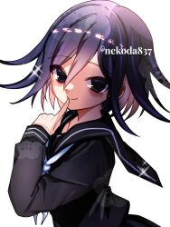  1boy black_serafuku blush closed_mouth crossdressing crossdressing_(mtf) danganronpa_(series) danganronpa_v3:_killing_harmony finger_to_mouth hair_between_eyes highres long_sleeves looking_at_viewer neckerchief non-web_source oma_kokichi school_uniform serafuku skirt smile solo upper_body white_background white_neckerchief 