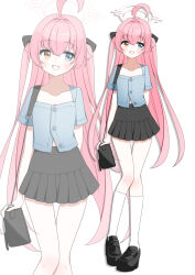  1girl :d absurdres ahoge alternate_costume averting_eyes bag black_shoes black_skirt blue_archive blue_eyes blue_shirt blush collarbone commentary_request crossed_bangs dress_shirt drop_shadow fang flat_chest full_body hair_between_eyes hair_flaps halo heterochromia highres hoshino_(blue_archive) huge_ahoge kneehighs loafers long_hair microskirt midriff_peek orange_eyes petako_(ptpt_k) pink_halo pleated_skirt shirt shoes short_sleeves shoulder_bag sidelocks simple_background skin_fang skirt smile socks solo standing thighs two_side_up very_long_hair white_background white_socks zoom_layer 