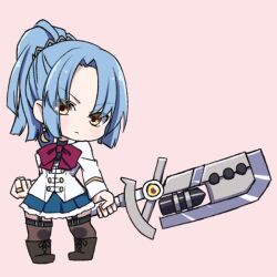  1girl arm_at_side assault_lily black_boots blue_hair blue_skirt blunt_ends blush boots bow bowtie brown_thighhighs chibi clenched_hand closed_mouth commentary_request crescent crescent_earrings earrings full_body garter_straps gumoyu hair_ornament hand_up herensuge_girls_academy_school_uniform high_ponytail holding holding_sword holding_weapon jacket jewelry knee_boots looking_at_viewer makino_mitake medium_hair miniskirt parted_bangs pink_background pleated_skirt ponytail red_bow red_bowtie ring school_uniform simple_background single_earring skirt solo standing sword thigh-highs v-shaped_eyebrows weapon white_jacket yellow_eyes 