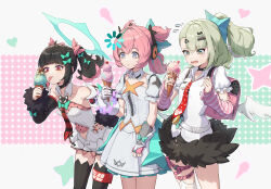  3girls absurdres angels_of_delusion aria_(zenless_zone_zero) arm_warmers backpack bag black_hair blackxyfaf blue_eyes colored_inner_hair commentary_request dress glitch green_eyes green_hair headphones highres holding holding_ice_cream_cone ice_cream_cone jewelry licking loading_icon melting_ice_cream multicolored_hair multiple_girls nangong_yu necktie one_side_up pink_hair pouch quad_tails red_eyes ring striped_arm_warmers sunna_(zenless_zone_zero) tearing_up thigh_pouch twintails white_dress zenless_zone_zero zipper 