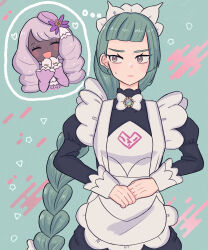  2girls apron black_romper bow bowtie braid braided_ponytail commentary_request green_background green_hair highres jacinthe_(pokemon) lebanne_(pokemon) long_braid long_hair maid_headdress multiple_girls own_hands_together pokemon pokemon_legends:_z-a puffy_sleeves romper sideways_glance sleepy_(ggvv5882) speech_bubble star_(symbol) sweatdrop thought_bubble white_apron white_bow white_bowtie 