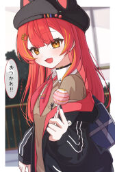  1girl absurdres animal_hat anku bag beret black_choker black_hat black_jacket black_nails blue_bag border breast_pocket brown_sweater candy cat_choker cat_hat center-flap_bangs cherry_hat_ornament choker commentary_request earrings fang food hat hat_ornament highres holding holding_candy holding_food holding_lollipop jacket jewelry lollipop long_hair long_sleeves looking_at_viewer multicolored_hair neckerchief nekota_tsuna nekota_tsuna_(4th_costume) object_in_pocket open_mouth orange_eyes orange_streaks outdoors paw_print_ornament pen_in_pocket pocket railing red_hair red_jacket red_neckerchief school_bag school_uniform shirt skin_fang sleeves_past_wrists smile solo streaked_hair sweater symbol_in_eye two-sided_fabric two-sided_jacket upper_body virtual_youtuber vspo! white_border white_shirt 