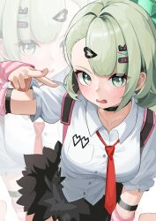  1girl arm_warmers bag blush green_eyes green_hair hair_ornament heut highres looking_at_viewer multiple_hair_clips necktie open_mouth pink_arm_warmers pointing pointing_at_viewer red_necktie shirt skirt solo striped_arm_warmers sunna_(zenless_zone_zero) white_shirt zenless_zone_zero 