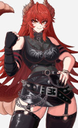  1girl absurdres belt black_belt black_collar black_nails black_shirt black_thighhighs breasts closed_mouth collar commentary cross cross_necklace dragon_girl dragon_horns dragon_tail fingerless_gloves gloves hand_on_own_hip highres horn_piercing horns indie_virtual_youtuber jewelry large_breasts long_hair looking_at_viewer meibin nail_polish necklace o-ring o-ring_legwear red_hair shirt single_glove smile solo spiked_belt spiked_collar spikes tail thigh-highs virtual_youtuber yellow_eyes zentreya zentreya_(dragon) zentreya_(dragon)_(metalheads) 