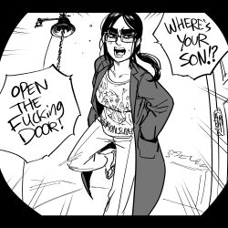  1girl absurdres bb_(baalbuddy) chudjak coat english_text glasses highres kimetsu_no_yaiba long_hair monochrome open_mouth original pants ponytail pov_peephole print_shirt profanity sandals shirt solo speech_bubble thick_eyebrows trench_coat 