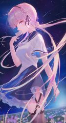  1girl absurdres anemoi awayuki_hiiro black_hairband black_ribbon black_thighhighs blonde_hair blue_dress blunt_bangs blush breasts character_name commentary covering_own_mouth cowboy_shot dress dual_wielding eyelashes eyes_visible_through_hair field film_grain floating_hair flower flower_field flowingcrescent frilled_dress frills from_side garter_straps hair_flower hair_ornament hair_ribbon hairband hand_up highres holding holding_pen holding_stamp large_breasts long_hair looking_at_viewer low_twintails night nose outdoors pen pink_eyes pink_flower profile purple_flower ribbon school_uniform shooting_star short_dress short_sleeves sky solo sparkling_eyes star_(sky) starry_sky thigh-highs twintails two-tone_dress very_long_hair white_dress zettai_ryouiki 