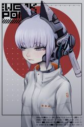  1girl animal_ears cat_ears collar expressionless green_eyes grey_eyes headgear highres jacket looking_to_the_side mechanical_ears metal_collar original red_sun science_fiction shibata_ico short_hair solo upper_body 