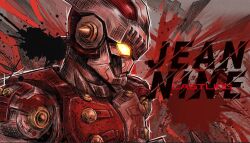  1boy armor artist_name castlings character_name english_text full_armor glowing glowing_eyes grey_background jean-nine looking_down male_focus mecha mecha_focus multicolored_armor no_humans red_armor red_background robot silver_armor solo splatter_background tokusatsu two-tone_armor two-tone_background ultra_galaxy_(series) ultra_series ultraman_ginga_(series) upper_body yellow_eyes 