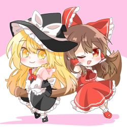  2girls apron ascot black_hat black_shoes black_skirt black_vest blonde_hair blush bow braid broom broom_riding brown_hair capelet chibi chibi_only closed_mouth commentary detached_sleeves frilled_bow frilled_hair_tubes frilled_skirt frills full_body hair_bow hair_tubes hakurei_reimu hat hat_bow kirisame_marisa long_hair looking_at_viewer multiple_girls open_mouth pink_capelet red_bow red_eyes red_shoes red_skirt shoes single_braid skirt skirt_set smile touhou untranslatable_commentary vest wakana1327 white_apron white_bow witch_hat yellow_eyes 