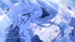  1girl absurdres blue_archive colored_skin dress falling flat_chest flying highres k.n.q large_hat long_hair long_sleeves looking_at_viewer malkuth_(blue_archive) one_eye_covered open_mouth sensei_(blue_archive) sky solo_focus sunlight symbol-shaped_pupils urban white_dress white_hair white_skin x-shaped_pupils 