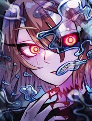  2boys altus_(centuria) arkos_balkar artist_name black_sclera black_tunic bleeding blood blood_on_hands centuria_(manga) chello colored_sclera commentary_request dual_persona evil_grin evil_smile grin highres hydrokinesis long_eyelashes looking_at_viewer magic male_focus multiple_boys orange_eyes orange_hair possessed sharp_teeth smile stitched_neck stitches sweat sweatdrop teeth tunic water 