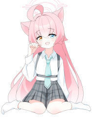  1girl :3 :d absurdres ahoge animal_ears aqua_necktie black_skirt blue_archive blue_eyes blush cat_ears chest_strap collared_shirt commentary_request dress_shirt fang full_body hair_between_eyes hair_flaps hair_intakes halo heterochromia highres hoshino_(blue_archive) huge_ahoge kemonomimi_mode long_hair long_sleeves looking_at_viewer loose_necktie necktie orange_eyes petako_(ptpt_k) pink_hair pink_halo plaid_clothes plaid_skirt pleated_skirt shirt sidelocks simple_background single_paw_pose sitting skin_fang skirt smile socks solo very_long_hair wariza white_background white_shirt white_socks 