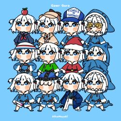  1girl alicemuyuki animal_costume animal_hood baseball_cap blue_background blue_hoodie blue_streaks blunt_bangs blush_stickers bright_pupils character_name chibi chibi_only commentary cosplay english_commentary fake_facial_hair fake_mustache gawr_gura gawr_gura_(1st_costume) green_hoodie hair_ornament hat highres hololive hololive_english hood hood_up hoodie long_sleeves looking_afar looking_ahead looking_up mafia_(vocaloid) multicolored_hair multiple_views official_alternate_costume santa_costume shark_costume shark_hair_ornament shark_hood short_hair streaked_hair two_side_up virtual_youtuber watson_amelia watson_amelia_(1st_costume) watson_amelia_(cosplay) white_hair white_pupils wide_sleeves 