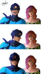  1boy 1girl barbara_gordon batman_(series) black_bodysuit black_hair blue_bodysuit bodysuit couple dc_comics dick_grayson domino_mask eye_mask highres mask mdess_a multicolored_bodysuit nightwing orange_hair round_eyewear sunglasses superhero_costume two-tone_bodysuit 