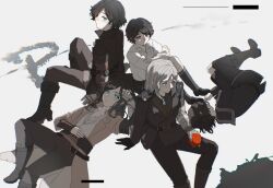  5boys apple belt black_boots black_hair black_pants blue_eyes boots brown_coat carlo_(lies_of_p) coat commentary english_commentary food fruit grey_hair highres hnw5a lies_of_p long_hair looking_at_viewer lying mechanical_arms multiple_boys multiple_persona official_alternate_costume official_alternate_hair_color on_back on_side pants pinocchio_(lies_of_p) prosthesis prosthetic_arm sailor_collar sailor_shirt shirt short_hair single_mechanical_arm sitting white_background white_shirt 