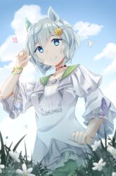  1girl animal_ears blue_eyes blue_sky breasts brown_choker bug butterfly choker clouds commentary_request ear_covers flower green_sailor_collar green_shorts grey_hair grey_shirt hair_between_eyes hair_ornament hairclip highres horse_ears horse_girl long_sleeves looking_at_viewer min_jeungi outdoors parted_lips sailor_collar seiun_sky_(reeling_in_the_big_one)_(umamusume) seiun_sky_(umamusume) shirt short_hair shorts single_ear_cover sky small_breasts smile solo umamusume 