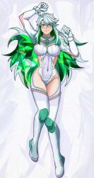  absurdres ahoge blonde_hair blush breasts dakimakura_(medium) dakimakura_(object) fate/grand_order fate_(series) gloves green_eyes green_hair highres kukulkan_(fate) long_hair lying makentetsu pillow simple_background smile very_long_hair white_background 
