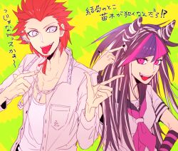  1boy 1girl arm_warmers black_hair black_nails black_sailor_collar blue_hair breast_pocket chain chain_necklace danganronpa:_trigger_happy_havoc danganronpa_(series) danganronpa_2:_goodbye_despair double_finger_gun ear_piercing face_piercing facial_hair finger_gun goatee green_background grey_eyes hair_horns jacket jewelry kuwata_leon looking_at_viewer mioda_ibuki mismatched_arm_warmers miya_(myasg) multicolored_hair neckerchief necklace orange_hair piercing pink_hair pink_neckerchief pocket sailor_collar school_uniform shirt streaked_hair tongue tongue_out tongue_piercing trait_connection translation_request white_jacket white_shirt 