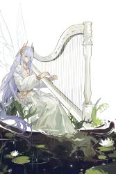  1boy absurdres bracer cael_anselm cael_anselm_(midnight_epilogue) chinese_commentary closed_mouth commentary_request earrings fairy fairy_wings flower frilled_robe full_body gold_earrings gold_necklace hair_between_eyes hair_ornament harp highres instrument jewelry lily_of_the_valley lily_pad long_hair long_hair_between_eyes long_sleeves lovebrush_chronicles male_focus music necklace playing_instrument plunging_neckline pointy_ears rain reflection reflective_liquid ripples robe simple_background sitting solo very_long_hair violet_eyes water water_lily_flower white_background white_flower white_hair white_robe wing_hair_ornament wings zelotupia 
