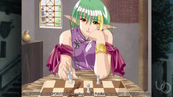  1girl anime_coloring atelier-moo blonde_hair board_game breasts chess chess_piece chessboard colored_tips dress elbow_rest elf elle_louise game_cg green_hair hair_between_eyes hand_on_own_chin head_rest holding holding_chess_piece indoors jewelry large_breasts looking_at_viewer multicolored_hair non-web_source official_art open_mouth parted_lips pointy_ears purple_dress short_hair sleeveless sleeveless_dress smile solo upper_body yellow_eyes yuukyuu_gensoukyoku 