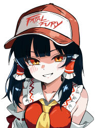  1girl baseball_cap black_hair blush borrowed_clothes breasts clothes_writing commentary_request english_text fatal_fury frilled_hair_tubes frills hair_tubes hakurei_reimu hat highres long_hair looking_at_viewer medium_breasts meganeko_(ali_ce_lica_ss2) orange_eyes red_hat simple_background solo terry_bogard textless_version touhou upper_body white_background 