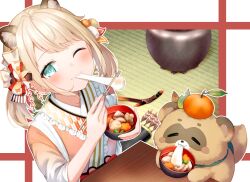  1girl aqua_eyes arrow_(projectile) blonde_hair bow_(weapon) bowl commentary_request eating english_commentary faubynet food fruit hololive japanese_clothes kazama_iroha kazama_iroha_(new_year) kimono mandarin_orange mixed-language_commentary mochi mochi_trail one_eye_closed pokobee quiver tanuki twintails virtual_youtuber weapon 