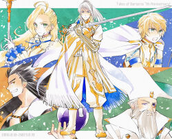  1girl 4boys aqua_hat arm_sling artorius_collbrande beard black_hair blonde_hair blue_eyes boots broken_arm cape closed_mouth commentary_request dress elbow_gloves enoki_(megaclam) facial_hair full_body gloves gold_trim green_eyes grey_hair hat highres holding holding_staff holding_sword holding_weapon long_beard long_hair looking_ahead looking_at_viewer melchior_(tales) monocle multiple_boys old old_man open_mouth orange_eyes oscar_dragonia pants ponytail serious sheath sheathed shigure_rangetsu short_hair smile staff standing sword tales_of_(series) tales_of_berseria teeth teresa_linares two-tone_hat violet_eyes weapon white_boots white_cape white_dress white_gloves white_hat white_pants 