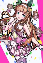  5girls absurdres ahoge animal_ears blue_eyes blunt_bangs blush bow breasts brown_eyes brown_hair chibi commentary_request ear_bow ear_covers green_eyes grey_hairband hair_between_eyes hair_bow hair_ornament hairband highres hime_cut horse_ears horse_girl horse_tail ines_fujin_(umamusume) kikkasoon long_hair maruzensky_(umamusume) mihono_bourbon_(umamusume) multiple_girls multiple_hair_bows nigekiri_sisters_(umamusume) one_eye_closed open_mouth orange_hair orange_tail pink_shirt pink_skirt purple_bow shirt side_ponytail silence_suzuka_(umamusume) silver_hairband single_ear_cover skirt sleeveless sleeveless_shirt small_breasts smart_falcon_(umamusume) smile tail thigh-highs twintails umamusume visor_cap white_hairband white_thighhighs 