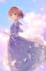  1girl anna_(k0130) bare_shoulders blue_dress blue_sky blue_sleeves breasts brown_hair clouds cloudy_sky commentary commission detached_sleeves double-parted_bangs dress english_commentary evening feet_out_of_frame floating_clothes floating_hair frilled_dress frilled_sleeves frills from_side glowing glowing_hand gown green_eyes highres light_particles long_dress long_sleeves looking_to_the_side open_mouth original outdoors own_hands_together see-through_clothes see-through_sleeves short_hair sidelighting skeb_commission sky sleeveless sleeveless_dress small_breasts smile solo sparkle sparkling_aura standing star_(sky) star_(symbol) sunlight teeth upper_teeth_only watermark wind 